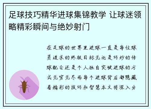 足球技巧精华进球集锦教学 让球迷领略精彩瞬间与绝妙射门