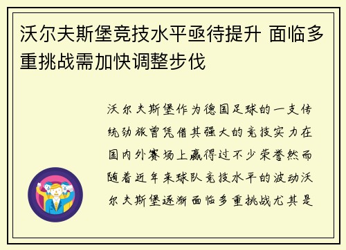 沃尔夫斯堡竞技水平亟待提升 面临多重挑战需加快调整步伐