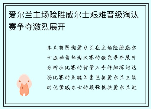 爱尔兰主场险胜威尔士艰难晋级淘汰赛争夺激烈展开