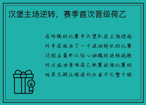 汉堡主场逆转，赛季首次晋级荷乙