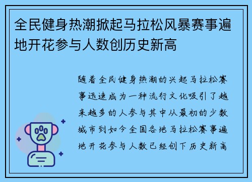 全民健身热潮掀起马拉松风暴赛事遍地开花参与人数创历史新高