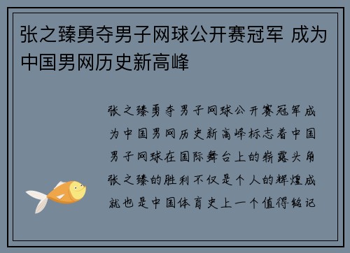 张之臻勇夺男子网球公开赛冠军 成为中国男网历史新高峰