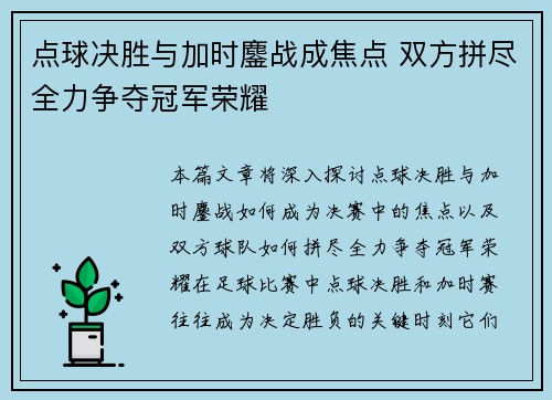 点球决胜与加时鏖战成焦点 双方拼尽全力争夺冠军荣耀