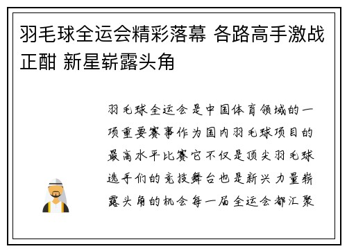 羽毛球全运会精彩落幕 各路高手激战正酣 新星崭露头角