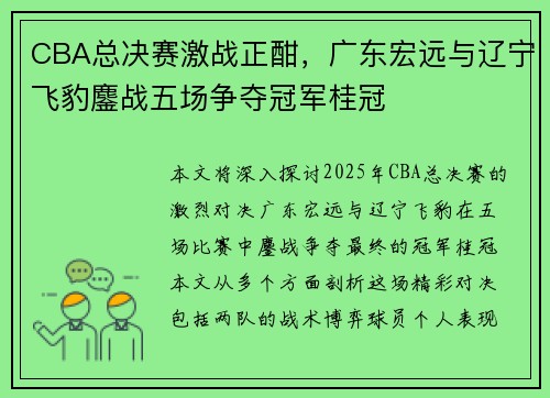CBA总决赛激战正酣，广东宏远与辽宁飞豹鏖战五场争夺冠军桂冠